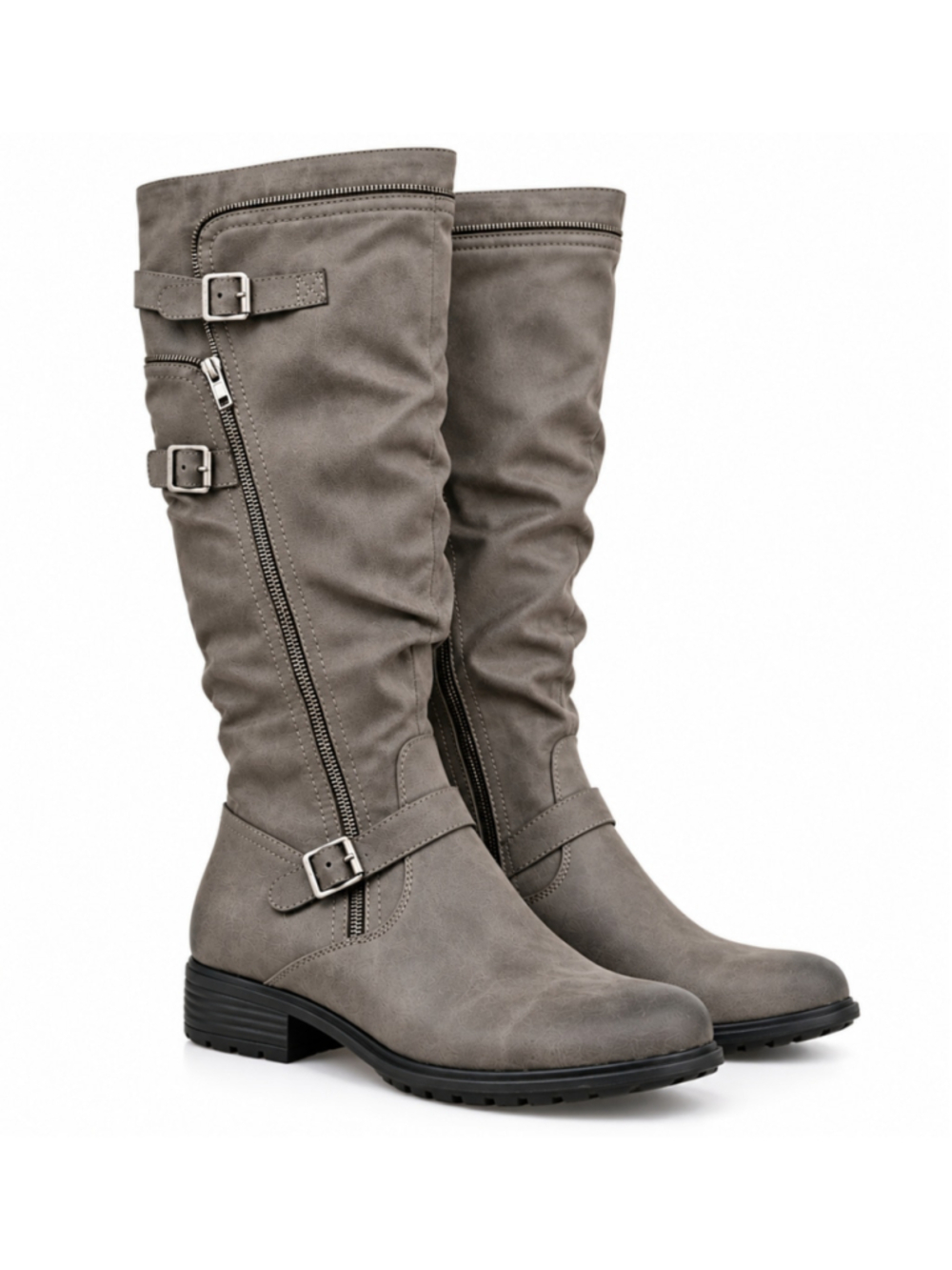 White Mountain Roxy Boots Womens 9.5 Wide Gray Knee High Moto Riding Buckle Zip